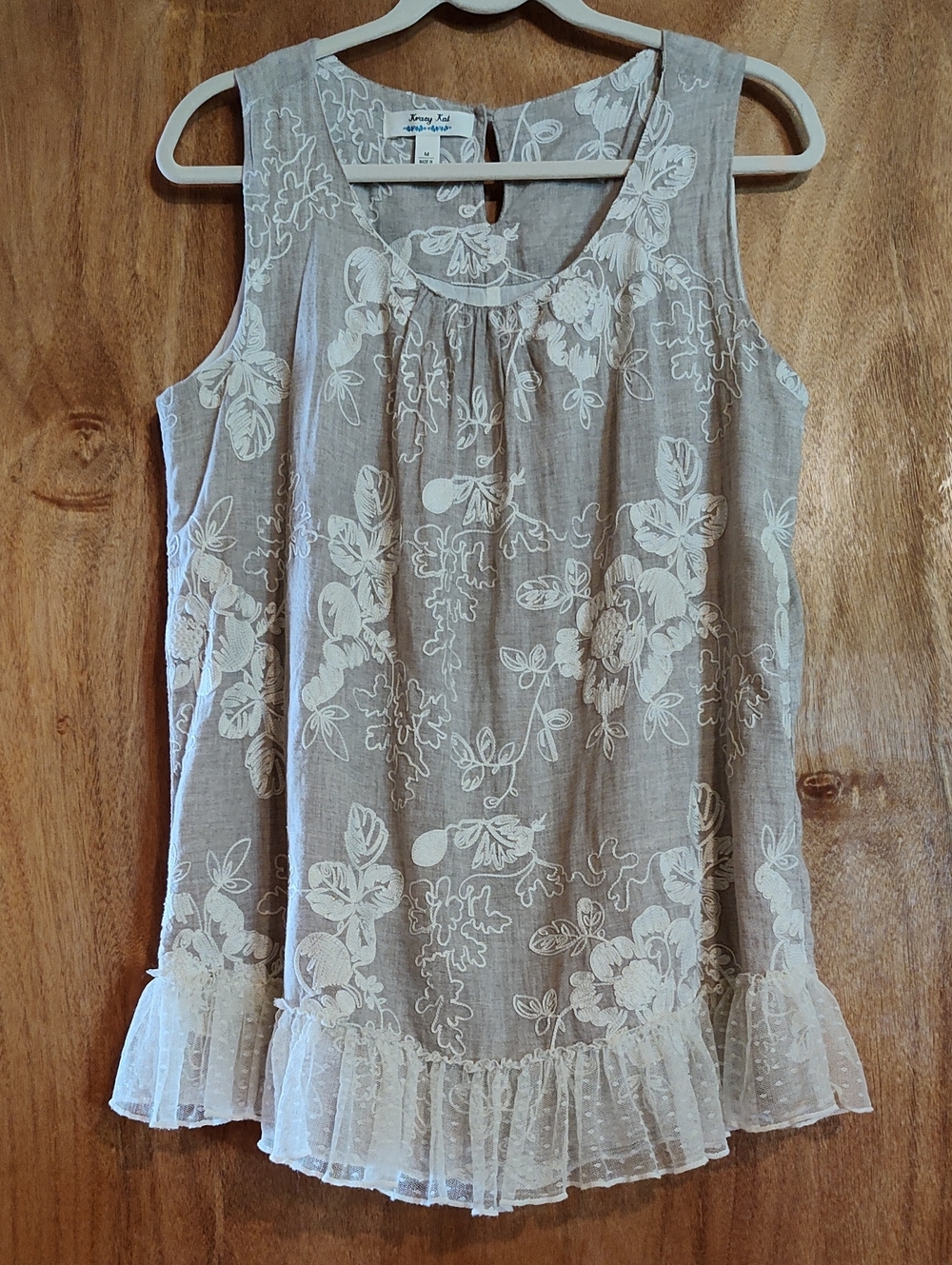 Krazy Kat Embroidered Top Oatmeal Cream Lace Ruffle Sleeveless Cotton India Med - Picture 2 of 13